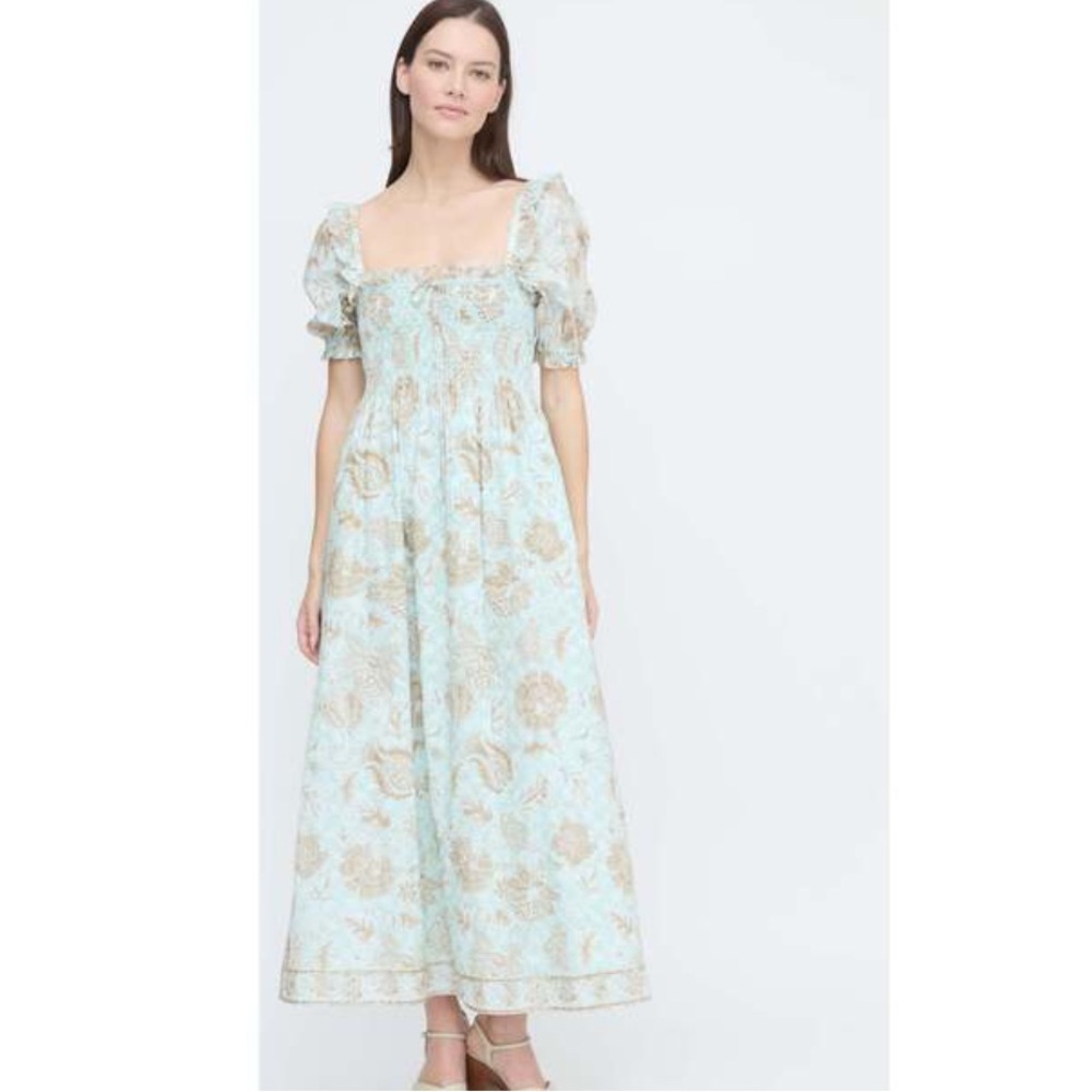 Hill House Light Blue and Beige Floral Puff-Sleeve Maxi Dress